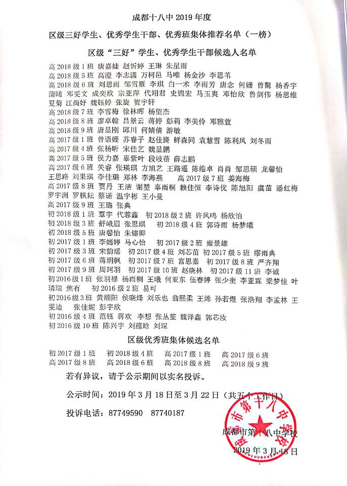 2019年度區(qū)級三好學(xué)生、優(yōu)秀學(xué)生干部、優(yōu)秀班集體推薦名單